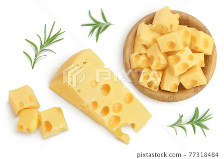 piece of cheese isolated on white background with clipping path. Top view. Flat lay 77318484