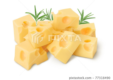 cubes of cheese isolated on white background with clipping path and full depth of field 77318490