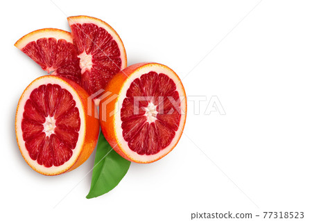 Blood red oranges slices isolated on white background with clipping path. Top view with copy space for your text. Flat lay 77318523