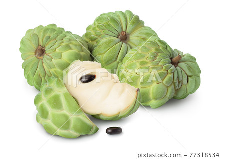 Sugar apple or custard apple isolated on white background with clipping path and full depth of field. Exotic tropical Thai annona or cherimoya fruit Sugar apple or custard apple isolated on white background with clipping path and full depth of field. Exotic tropical Thai annona or cherimoya fruit 77318534