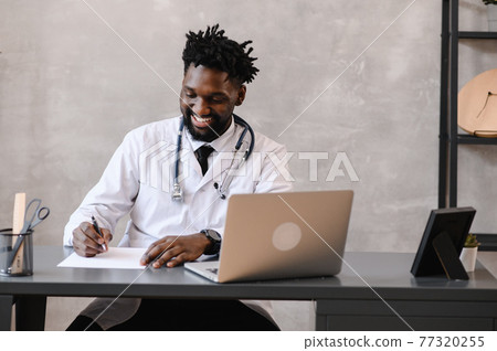 telehealth with virtual doctor appointment and online therapy session. Black doctor online conference telehealth with virtual doctor appointment and online therapy session. Black doctor online conference 77320255