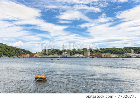 [神奈川/橫須賀] 漂浮在橫須賀軍港甲板駁船和起重船前的金屬浮標。 77320773