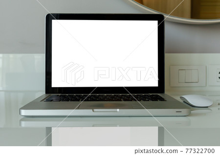 computer laptop mock up and mouse white blank screen on table. 77322700