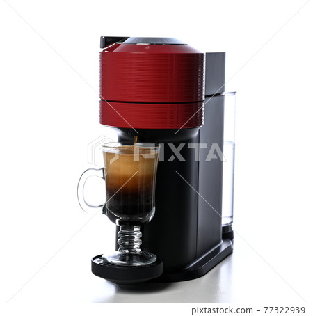 Red Espresso coffee machine making hot coffee with 77322939