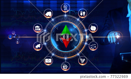 Stock market Icon Rotating wheel Concept Rotating wheel with icon surrounded by city and world map Center and spoke Concept 77322989