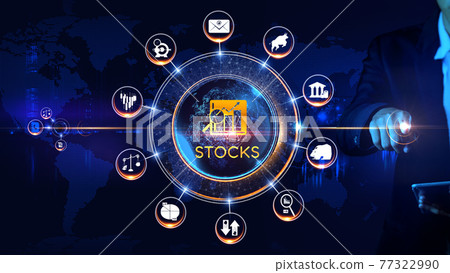 Share Market Icon Rotating wheel Concept Rotating wheel with icon surrounded by city and world map Center and spoke Concept 77322990