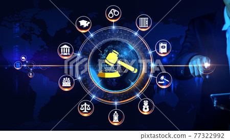 Law Icon Rotating wheel Concept Rotating wheel with icon surrounded by city and world map Center and spoke Concept 77322992