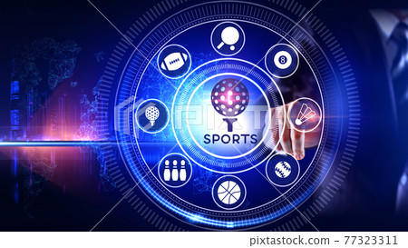 Sports Icon Concept Rotating wheel with icon surrounded by city Center and spoke Concept 77323311
