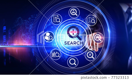 Search Icon Concept Rotating wheel with icon surrounded by city Center and spoke Concept 77323313