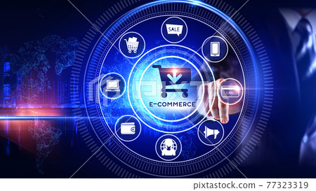 E-commerce Icon Concept Rotating wheel with icon surrounded by city Center and spoke Concept 77323319