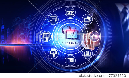 E-Learning Icon Concept Rotating wheel with icon surrounded by city Center and spoke Concept E-Learning Icon Concept Rotating wheel with icon surrounded by city Center and spoke Concept 77323320