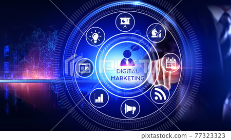 Digital marketing Concept Rotating wheel with icon surrounded by city Center and spoke Concept Digital marketing Concept Rotating wheel with icon surrounded by city Center and spoke Concept 77323323