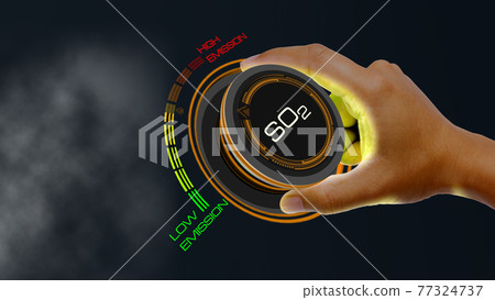 So2 Emission Concept with knob button changing value Low Emission to High Emission  and reverse 77324737