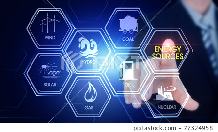 Energy Resources Hexagonal Touch Screen Concept Hexagonal virtual Touch Screen Concept with  man touching screen with finger and light streak 77324958