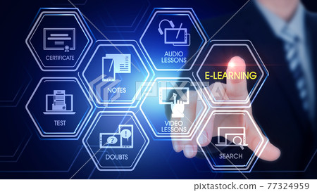 E-learning Hexagonal Touch Screen Concept Hexagonal virtual Touch Screen Concept with  man touching screen with finger and light streak 77324959