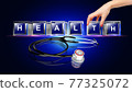 Health Letter written on glass cube animated hand putting one icon on place to complete the composition 77325072