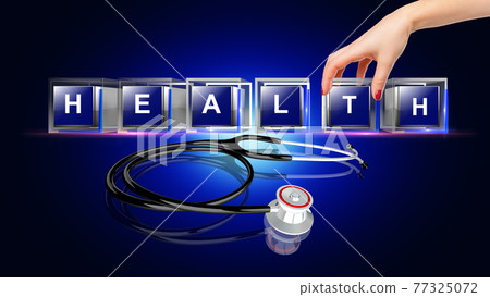 Health Letter written on glass cube animated hand putting one icon on place to complete the composition Health Letter written on glass cube animated hand putting one icon on place to complete the composition 77325072