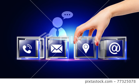 Corporate Identity icons on glass cubes animated hand putting one icon on place 77325078