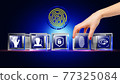 Biometric letter written on glass cube, animated hand putting one icon on place to complete the composition 77325084