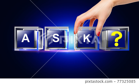 Ask letter written on glass cube, animated hand putting one icon on place to complete the composition 77325085