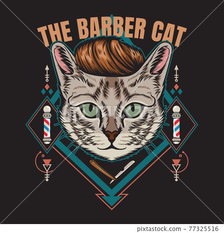 Barbershop cat tshirt design vector illustration style suitable for t-shirt, sticker, posters. Animal tattoo style 77325516