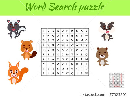 Game template word search puzzle of animals for children with pictures. Kids activity worksheet printable version. Educational game for study English words. Includes answers. Vector stock illustration 77325801