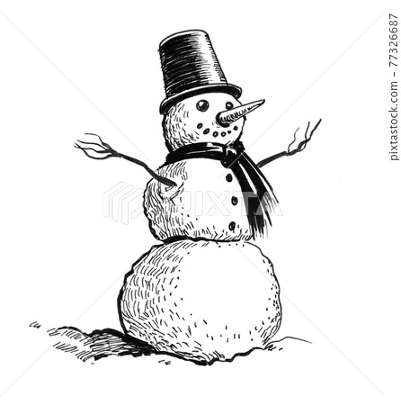 Happy smiling snowman. Ink black and white drawing Happy smiling snowman. Ink black and white drawing 77326687