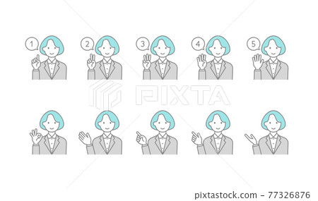 一個穿西裝的女人用手勢設置的圖標，用簡單的線條畫畫 77326876