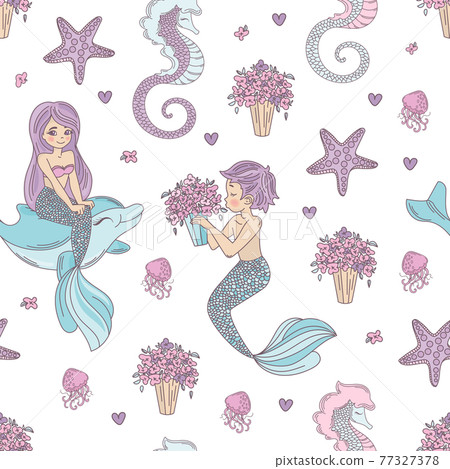 MERMAID PATTERN Princess Girl Wedding Underwater Sea Ocean Travel Cruise Seamless Background Vector Illustration For Print 77327378