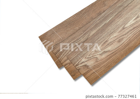 Vinyl tiles for home interior design for house renovation. New wooden pattern vinyl tile. Vinyl flooring material. Polymer vinyl sheet for new home floor. PVC material isolated on white background. 77327461