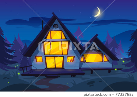 Wooden house in forest at night Wooden house in forest at night 77327682
