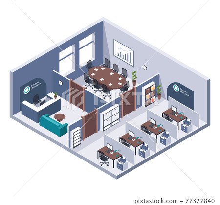 Isometric office. Room interior with furniture, desk and computer, printer and reception. Business building cutaway 3d vector company workplace Isometric office. Room interior with furniture, desk and computer, printer and reception. Business building cutaway 3d vector company workplace 77327840