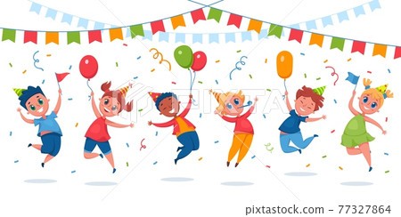 Kids party. Happy children jumping with balloons, confetti, flags. Girls and boys in party hats have fun celebrating birthday vector cartoon illustration Kids party. Happy children jumping with balloons, confetti, flags. Girls and boys in party hats have fun celebrating birthday vector cartoon illustration 77327864