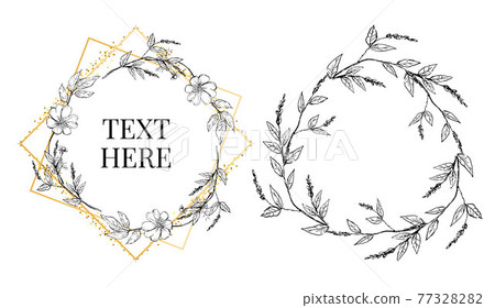 Beautiful card with a round wreath of different flowers of vintage garden. Black and white frame of the Roses, hydrangea and dog-rose on mint background. Vector illustration Beautiful card with a round wreath of different flowers of vintage garden. Black and white frame of the Roses, hydrangea and dog-rose on mint background. Vector illustration 77328282