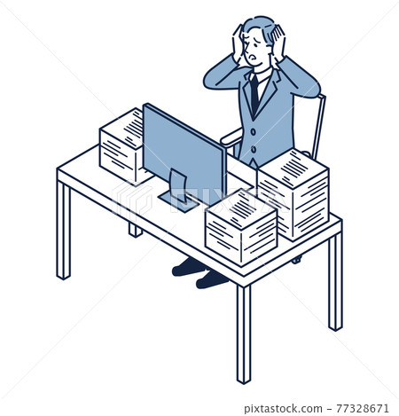 A male office worker in a suit who is in trouble with a pile of documents 77328671