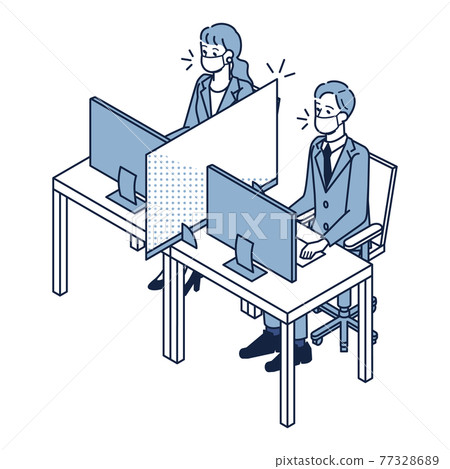 亞克力隔開的男女上班族 亞克力隔開的男女上班族 77328689