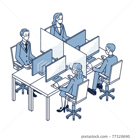 在用亞克力隔開的電腦上工作的男女上班族 77328690