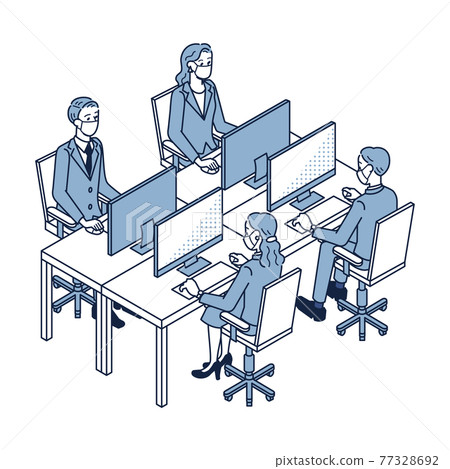 Male and female office workers wearing masks to prevent splashes 77328692