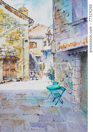 法國南部的一個小村莊，水彩山水畫 77329268