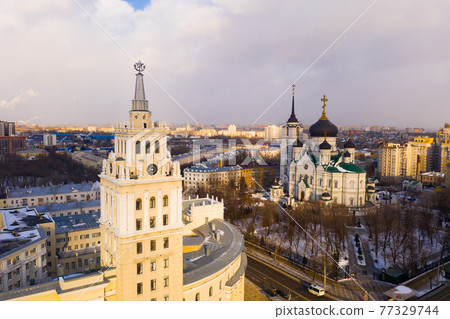 Aerial view of the Annunciation Cathedral and the tower of the Southern Railway building in city Voronezh 77329744