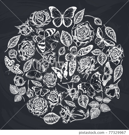 Round floral design with chalk menelaus blue morpho, lemon butterfly, red lacewing, african giant 77329967