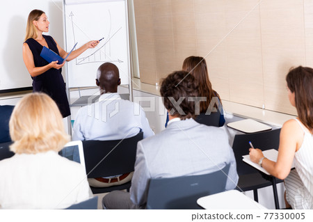 Woman reading out report to colleagues Woman reading out report to colleagues 77330005