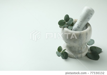 Mortar with eucalyptus twig on white background Mortar with eucalyptus twig on white background 77330132