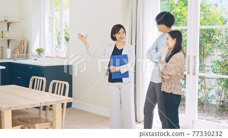 Female person in charge of guiding a couple to a room Model house House maker Finding a room 77330232