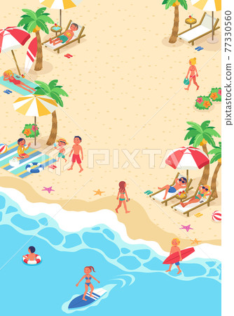 A vector illustration of a life scene of a large number of people who came to swim in the summer sea (isometric, isometric) 77330560