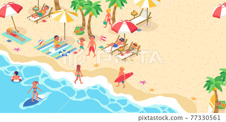 A vector illustration of a life scene of a large number of people who came to swim in the summer sea (isometric, isometric) A vector illustration of a life scene of a large number of people who came to swim in the summer sea (isometric, isometric) 77330561