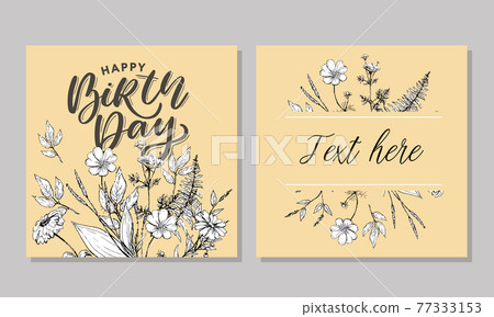 Beautiful happy birthday greeting card with flowers and bird. Vector party invitation with floral elements. Beautiful happy birthday greeting card with flowers and bird. Vector party invitation with floral elements. 77333153