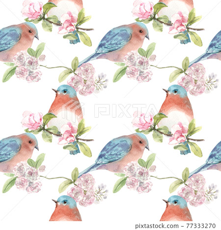 Spring birds pattern watercolor - Stock Illustration [77333270] - PIXTA