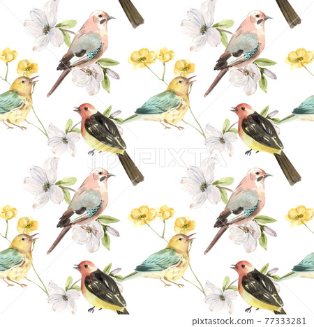 Spring birds pattern watercolor Spring birds pattern watercolor 77333281