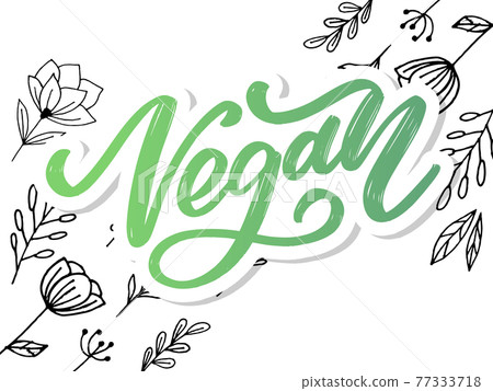 Vector illustration, food design. Handwritten lettering for restaurant, cafe menu. Vector elements for labels, logos, badges, stickers or icons. Calligraphic and typographic collection. Vegan menu 77333718